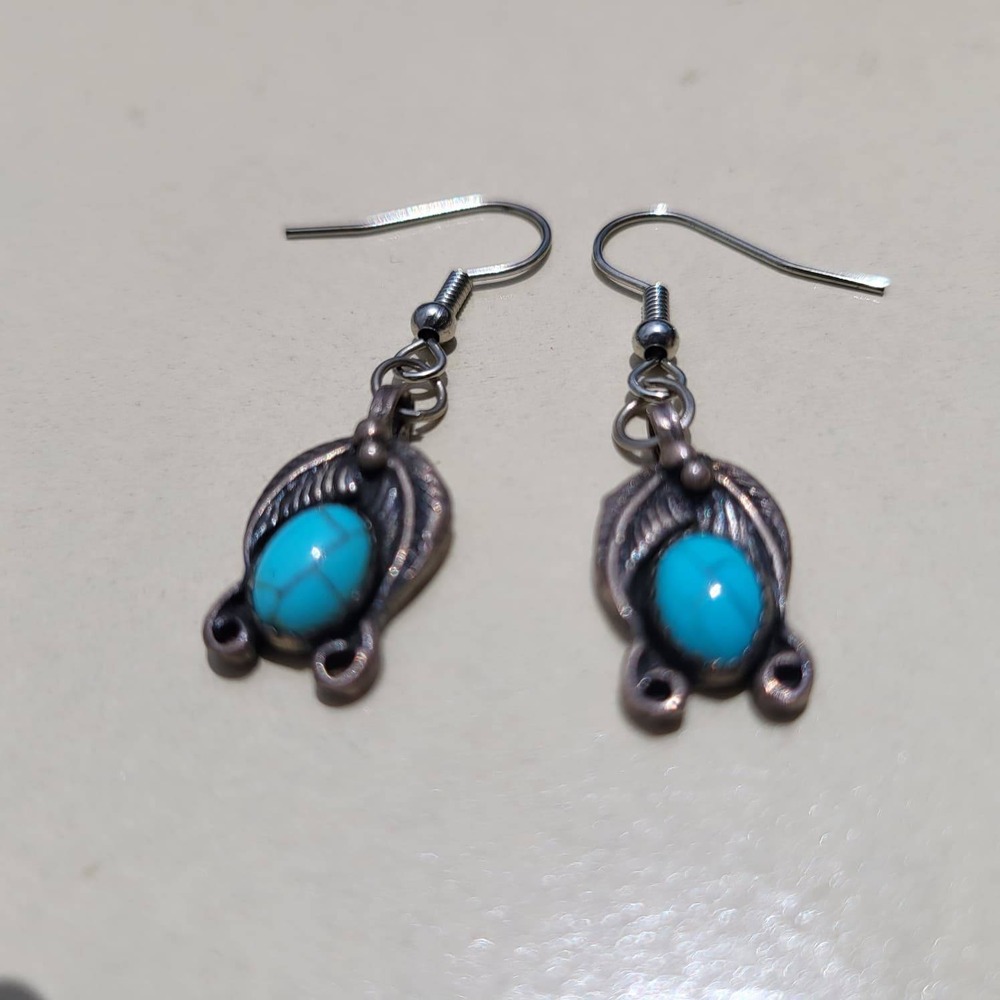 Vintage 925 Sterling Silver Turquoise Dangle Earrings Blue Southwestern Feather - Picture 6 of 8